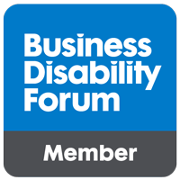 The Business Disability Forum logo, a blue box with a white writing which says Business Disability Forum Member